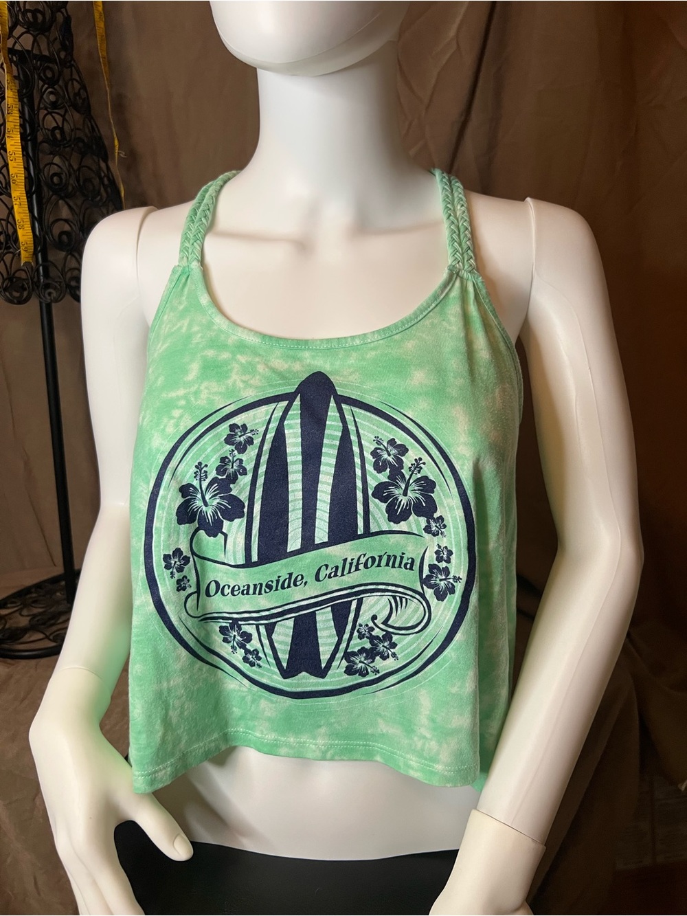 Unk Green Tie-Dye Tank Top with Navy Surfboard Graphic
